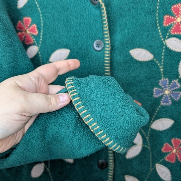 Vintage Floral Embroidered Green Fleece Button Down Cardigan Sweater Jacket L-XL - Picture 5 of 9